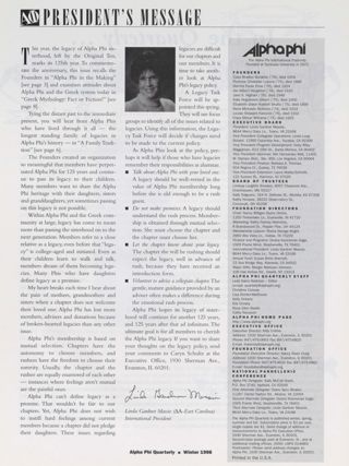 President's Message, Winter 1998. The Alpha Phi International Fraternity Directory, Winter 1998