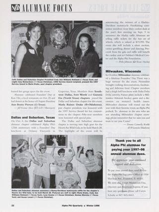 Alumnae Focus: Alumnae Pride: Shreveport, Louisiana, Winter 1998, Continued. Alumnae Focus: Alumnae Pride: Dallas and Suburban, Texas, Winter 1998. Alumnae Focus: Alumnae Pride: Milwaukee, Wisconsin, Winter 1998. Thank You to All Alpha Phi Alumnae