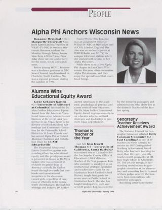 People: Alpha Phi Anchors Wisconsin News. People: Alumna Wins Educational Equity Award. People: Thoman Is Teacher of the Year. People: Geography Teacher Receives Achievement Award