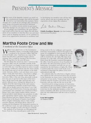 President's Message, Spring 1998. Martha Foote Crow and Me: A Weekend at the Executive Office