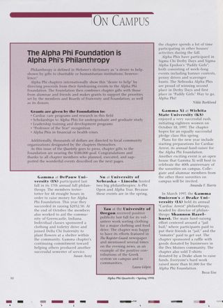 On Campus: Gamma at DePauw University, Spring 1998. On Campus: Nu at University of Nebraska-Lincoln, Spring 1998. On Campus: Tau at the University of Oregon, Spring 1998. On Campus: Gamma Xi at Wichita State University, Spring 1998. On Campus: Gamma Omicron at Drake University, Spring 1998