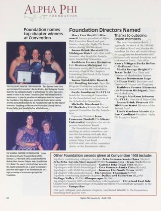 Alpha Phi Foundation: Foundation Names Top Chapter Winners at Convention. Alpha Phi Foundation: Foundation Directors Named. Alpha Phi Foundation: Other Foundation Awards Given at Convention 1998