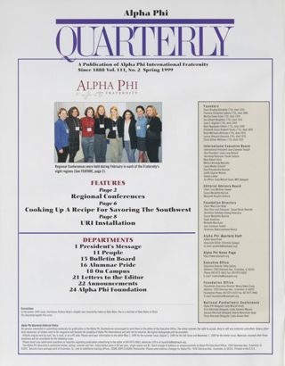 Alpha Phi Quarterly, Vol. 111, No. 2, Spring 1999 Table of Contents