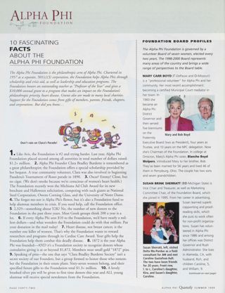 10 Fascinating Facts About the Alpha Phi Foundation. Foundation Board Profiles. Alpha Phi Quarterly, Vol. 111, No. 3, Summer 1999 Inside Back Cover
