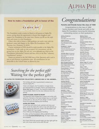 How to Make a Foundation GIft in Honor of the Class of 2000. Alpha Phi Foundation Limoges Box Collection Advertisement, Fall 1999. Congratulations to the Class of 1999!. Alpha Phi Quarterly, Vol. 112, No. 1, Winter 2000 Front Cover