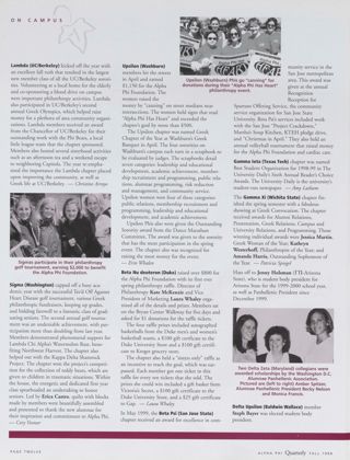 On Campus: Lambda (UC Berkeley), Fall 1999. On Campus: Sigma (Washington), Fall 1999. On Campus: Beta Nu Deuteron (Duke), Fall 1999. On Campus: Beta Psi (San Jose State), Fall 1999. On Campus: Gamma Iota (Texas Tech), Fall 1999. On Campus: Gamma Xi (Wichita State), Fall 1999. On Campus: Jenny Holsman. On Campus: Delta Zeta Chapter Scholarship Winners Photograph, Fall 1999. On Campus: Delta Upsilon (Baldwin Wallace), Fall 1999. On Campus: Kristina Pineda