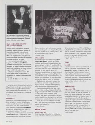 On Campus: Penn State (Gamma Rho), Fall 2000, Continued. Mary Boyd Named Honorary Beta Omicron Member. On Campus: Duquesne (Epsilon Iota), Fall 2000. On Campus: Villanova (Eta Epsilon), Fall 2000. On Campus: Rhode Island (Iota Delta), Fall 2000. On Campus: Texas (Omega), Fall 2000, Continued. On Campus: Puget Sound (Gamma Zeta), Fall 2000. Alumnae Pride: Alternative Alumnae Chapters Offer Non-Traditional Option. Alumnae Pride: Northeast Region: Buffalo, N.Y., Fall 2000