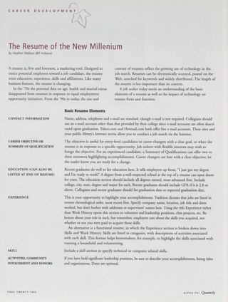Career Development: The Resume of the New Millenium. Alumnae Pride: Pacific Northwest Region: San Mateo County, Calif., Fall 2000
