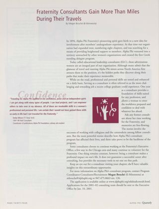 Fraternity Consultants Gain More Than Miles During Their Travels. Ivy Vine Award Honors an Alpha Phi Icon