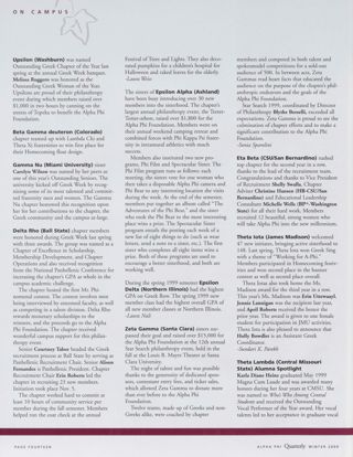 On Campus: Upsilon (Washburn), Winter 2000. On Campus: Beta Gamma Deuteron (Colorado), Winter 2000. On Campus: Gamma Nu (Miami University), Winter 2000. On Campus: Delta Rho (Ball State), Winter 2000. On Campus: Epsilon Alpha (Ashland), Winter 2000. On Campus: Epsilon Delta (Northern Illinois), Winter 2000. On Campus: Zeta Gamma (Santa Clara), Winter 2000. On Campus: Eta Beta (CSU/San Bernardino), Winter 2000. On Campus: Theta Iota (James Madison), Winter 2000. On Campus: Theta Lambda (Central Missouri State), Winter 2000. Alumnae Pride: San Mateo County, Calif., Winter 2000