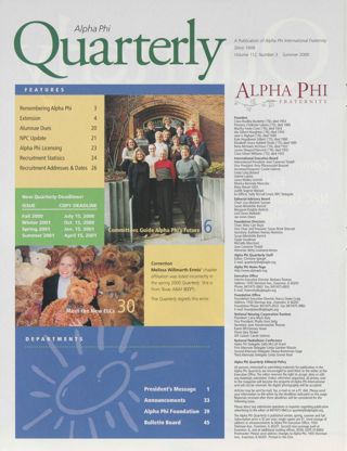 Alpha Phi Quarterly, Vol. 112, No. 3, Summer 2000 Table of Contents