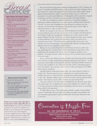 Breast Cancer: Not an Older Woman's Disease, Continued. Bishop Catherine Waynick, Continued. Convention Is Hassle-Free. On Campus: Sigma (Washington), Spring 2000, Continued