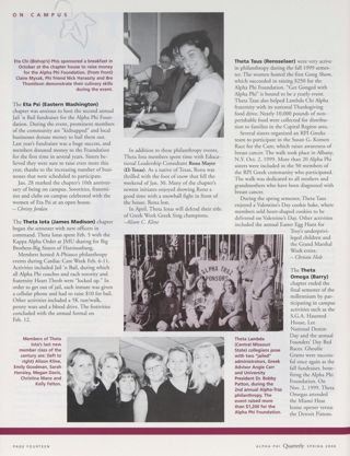 On Campus: Eta Chi (Bishop's), Spring 2000, Continued. On Campus: Eta Psi (Eastern Washington), Spring 2000. On Campus: Theta Iota (James Madison), Spring 2000. On Campus: Theta Tau (Rensselaer), Spring 2000. On Campus: Theta Lambda (Central Missouri State), Spring 2000. On Campus: Theta Omega (Barry), Spring 2000, Continued. On Campus: Lehigh Sister Exemplifies Philanthropy and Scholarship