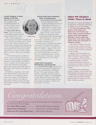 On Campus: Cornell Collegian Is Greek Scholar of the Year. On Campus: Arizona State Senior Named to Order of Omega Board. Alpha Phi Chapters Clothe Those in Need. Congratulations, Spring 2000