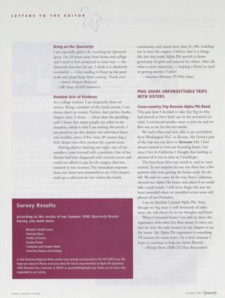 Letters to the Editor, Winter 2001. Alpha Phi Quarterly, Vol. 113, No. 2, Spring 2001 Table of Contents