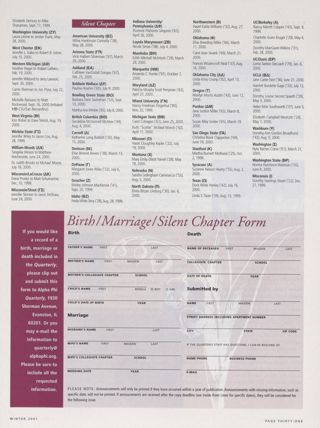 Announcements: Marriages, Winter 2001, Continued. Announcements: Silent Chapter, Winter 2001. Birth/Marriage/Silent Chapter Form, Winter 2001. People: Elizabeth Davis Named to Susan G. Komen Foundation Board, Continued