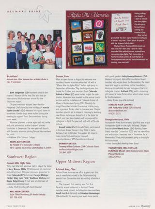 Alumnae Pride: Tampa Bay, Fla., Winter 2001, Continued. Alumnae Pride: Denver Mile High, Colo., Winter 2001. Alumnae Pride: Youngstown Area, Ohio, Winter 2001. Alpha Phi Memories, Continued. Announcements: New Arrivals, Winter 2001