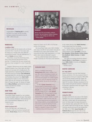 On Campus: Kettering (Iota Epsilon), Winter 2001. On Campus: Creighton (Theta Delta), Winter 2001. On Campus: SUNY/Buffalo (Theta Epsilon), Winter 2001. On Campus: SUNY/Cortland (Eta Tau), Winter 2001. On Campus: Wichita State (Gamma Xi), Winter 2001. On Campus: Scholarly Ways. On Campus: NC State (Epsilon Phi), Winter 2001. On Campus: Lafayette (Eta Sigma), Winter 2001. On Campus: James Madison (Theta Iota), Winter 2001, Continued. On Campus: Washington (Sigma), Winter 2001. Collegiate Chapter Reunions: Northern Colorado Alumnae Reunite in Tucson, Continued