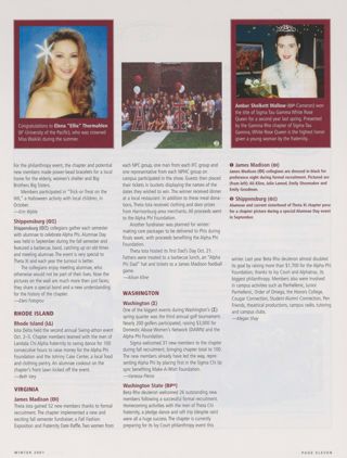 On Campus: Lafayette (Eta Sigma), Winter 2001, Continued. On Campus: Elena Thormahlen Photograph, Winter 2001. On Campus: Shippensburg (Theta Xi), Winter 2001. On Campus: Rhode Island (Iota Delta), Winter 2001. On Campus: James Madison (Theta Iota), Winter 2001. On Campus: Washington (Sigma), Winter 2001, Continued. On Campus: Washington State (Beta Rho), Winter 2001. On Campus: Amber Shelkett Mallow Photograph, Winter 2001. Collegiate Chapter Reunions: Northern Colorado Alumnae Reunite in Tucson