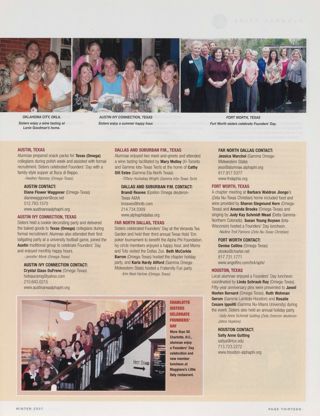 Alumnae Pride: Oklahoma City, Okla., Winter 2007, Continued. Alumnae Pride: Austin, Texas, Winter 2007. Alumnae Pride: Austin Ivy Connection, Texas, Winter 2007. Alumnae Pride: Dallas and Suburban P.M., Texas, Winter 2007. Alumnae Pride: Far North Dallas, Texas, Winter 2007. Alumnae Pride: Charlotte Sisters Celebrate Founders' Day. Alumnae Pride: Fort Worth, Texas, Winter 2007. Alumnae Pride: Houston, Texas, Winter 2007