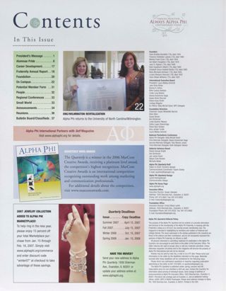 Alpha Phi Quarterly, Vol. 119, No. 1, Winter 2007 Table of Contents