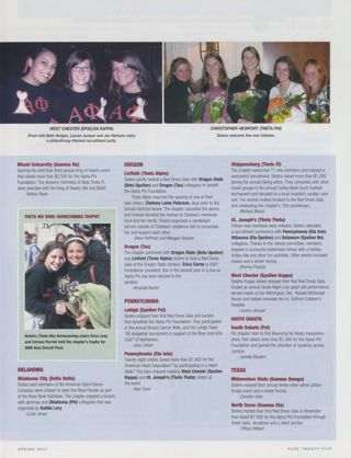 On Campus: Miami University (Gamma Nu), Spring 2007. On Campus: Theta Mu Wins Homecoming Trophy. On Campus: Oklahoma City (Delta Delta), Spring 2007. On Campus: Linfield (Theta Alpha), Spring 2007. On Campus: Oregon (Tau), Spring 2007. On Campus: Lehigh (Epsilon Psi), Spring 2007. On Campus: Pennsylvania (Eta Iota), Spring 2007. On Campus: Shippensburg (Theta Xi), Spring 2007. On Campus: St. Joseph's (Theta Theta), Spring 2007. On Campus: West Chester (Epsilon Kappa), Spring 2007. On Campus: South Dakota (Psi), Spring 2007. On Campus: Midwestern State (Gamma Omega), Spring 2007. On Campus: North Texas (Gamma Eta), Spring 2007. On Campus: Christopher Newport (Theta Phi), Spring 2007, Continued