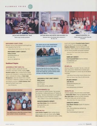 Alumnae Pride: Dallas and Suburban A.M., Texas, Spring 2007, Continued. Alumnae Pride: Daytona Beach and Winter Park/Orlando, Fla., Spring 2007. Alumnae Pride: Montgomery County, Texas, Spring 2007. Alumnae Pride: Jacksonville First Coast, Fla., Spring 2007. Alumnae Pride: Delta Betas Meet Monthly. Alumnae Pride: Far North Dallas and Surrounding Counties, Texas, Sisters Give Back. Alumnae Pride: Sarasota/Manatee, Fla., Spring 2007. Alumnae Pride: Tampa Bay, Fla., Spring 2007. Alumnae Pride: Atlanta, Ga., Spring 2007. Alumnae Pride: Charlotte, N.C., Spring 2007
