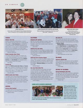 On Campus: Maine (Delta Nu), Spring 2007. On Campus: Johns Hopkins (Zeta Omicron Deuteron), Spring 2007. On Campus: Bishop's (Eta Chi), Spring 2007. On Campus: British Columbia (Beta Theta), Spring 2007. On Campus: Toronto (Xi), Spring 2007. On Campus: Wilfrid Laurier (Iota Theta), Spring 2007. On Campus: Arizona (Beta Epsilon), Spring 2007. On Campus: Chapman (Eta Upsilon), Spring 2007. On Campus: CSU/East Bay (Eta Delta), Spring 2007. On Campus: CSU/Long Beach (Gamma Kappa), Spring 2007. On Campus: San Jose State (Beta Psi), Spring 2007. On Campus: Gamma Kappa Celebrates Anniversary. On Campus: USC (Beta Pi), Spring 2007. On Campus: Delaware (Epsilon Nu), Spring 2007. On Campus: George Washington (Iota Iota), Spring 2007. On Campus: Maryland (Delta Zeta), Spring 2007, Continued