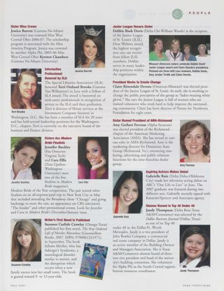People: Sister Wins Crown. People: Information Professional Honored by SLA. People: Sisters are Modern Bride Finalists. People: Writer's First Novel Is Published. People: Junior League Honors Sister. People: President Works to Create Change. People: Sister Named President of AMA-Richmond. People: Aspiring Actress Makes Debut. People: Alumna Named in Top 40 Under 40