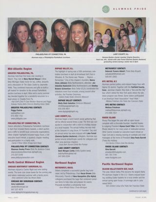 Alumnae Pride: Greater Philadelphia, Pa., Fall 2007. Alumnae Pride: Philadelphia Ivy Connection, Pa., Fall 2007. Alumnae Pride: Chicago Northwest Suburban, Ill., Fall 2007. Alumnae Pride: DuPage Valley, Ill., Fall 2007. Alumnae Pride: Lake County, Ill., Fall 2007. Alumnae Pride: Metrowest, Mass., Fall 2007. Alumnae Pride: NYC Metro, N.Y., Fall 2007. Alumnae Pride: Rhode Island, Fall 2007. Alumnae Pride: Silicon Valley/South Bay, Calif., Fall 2007