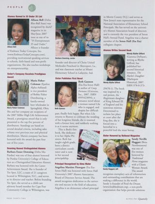 People: Alumna Named in 35 Under 35 List. People: Sister's Company Receive Prestigious Award. People: Downing Named Distinguished Alumna. People: Sister Publishes First Novel. People: Principal Recognized by Alma Mater. People: Alumna Writes Second Book. People: Sister Honored by National Magazine