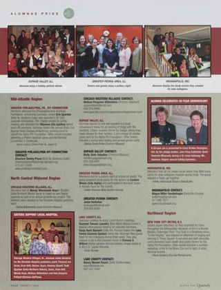 Alumnae Pride: Greater Philadelphia, Pa., Ivy Connection, Summer 2008. Alumnae Pride: Chicago Western Villages, Ill., Summer 2008. Alumnae Pride: Sisters Support Local Hospital. Alumnae Pride: DuPage Valley, Ill., Summer 2008. Alumnae Pride: Greater Peoria Area, Ill., Summer 2008. Alumnae Pride: Lake County, Ill., Summer 2008. Alumnae Pride: Alumna Celebrates 50-Year Anniversary. Alumnae Pride: Indianapolis, Ind., Summer 2008. Alumnae Pride: New York City Metro, N.Y., Summer 2008