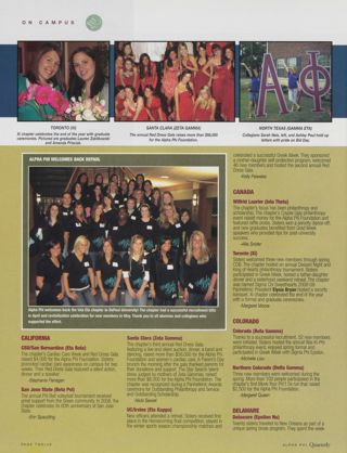 On Campus: Alpha Phi Welcomes Back Depaul. On Campus: CSU/San Bernardino (Eta Beta), Summer 2008. On Campus: San Jose State (Beta Psi), Summer 2008. On Campus: Santa Clara (Zeta Gamma), Summer 2008. On Campus: UC/Irvine (Eta Kappa), Summer 2008. On Campus: Wilfrid Laurier (Iota Theta), Summer 2008. On Campus: Toronto (Xi), Summer 2008. On Campus: Colorado (Beta Gamma), Summer 2008. On Campus: Northern Colorado (Delta Gamma), Summer 2008. On Campus: Delaware (Epsilon Nu), Summer 2008. On Campus: North Texas (Gamma Eta), Summer 2008, Continued