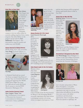 People: Sister Wins on Game Show. People: Alumna Honored for Helping Veterans. People: Author Receives Governor's Award. People: Alumna Receives 50 at 50+ Award. People: Sister Named Leader for the 21st Century. People: Alumna Vies for Miss USA Title. People: Humanitarian Is Recognized by Alma Mater