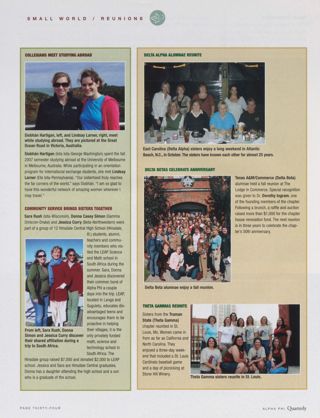 Small World: Collegians Meet Studying Abroad. Small World: Community Service Brings Sisters Together. Reunions: Delta Alpha Alumnae Reunite. Reunions: Delta Betas Celebrate Anniversary. Reunions: Theta Gammas Reunite