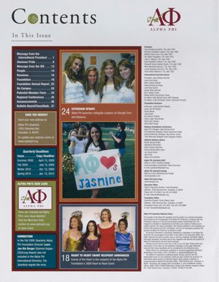Alpha Phi Quarterly, Vol. 121, No. 1, Winter 2009 Table of Contents