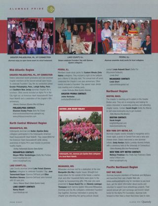Alumnae Pride: Greater Philadelphia, Pa., Ivy Connection, Winter 2009. Alumnae Pride: Indianapolis, Ind., Winter 2009. Alumnae Pride: Lake County, Ill., Winter 2009. Alumnae Pride: Peoria, Ill., Winter 2009. Alumnae Pride: Sisters Join Heart Walk. Alumnae Pride: Milwaukee, Wis., Winter 2009. Alumnae Pride: Boston, Mass., Winter 2009. Alumnae Pride: New York City Metro, N.Y., Winter 2009. Alumnae Pride: East Bay, Calif., Winter 2009