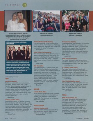 On Campus: Beta Alpha Celebrates Successful Recruitment. On Campus: Akron (Eta Gamma), Winter 2009. On Campus: Ashland (Epsilon Alpha), Winter 2009. On Campus: Baldwin-Wallace (Delta Upsilon), Winter 2009. On Campus: Miami University (Gamma Nu), Winter 2009. On Campus: Ohio State (Rho), Winter 2009. On Campus: Linfield (Theta Alpha), Winter 2009. On Campus: Duquesne (Epsilon Iota), Winter 2009. On Campus: Pennsylvania (Eta Iota), Winter 2009. On Campus: Penn State (Gamma Rho), Winter 2009. On Campus: St. Joseph's (Theta Theta), Winter 2009. On Campus: West Chester (Epsilon Kappa), Winter 2009. On Campus: North Texas (Gamma Eta), Winter 2009