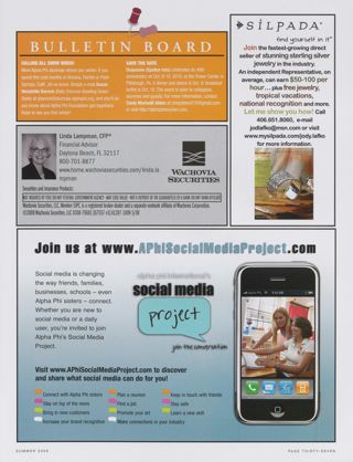 Bulletin Board, Summer 2009. Wachovia Securities Advertisement, Summer 2009. Silpada Advertisement, Summer 2009. Alpha Phi International Social Media Project Advertisement, Summer 2009
