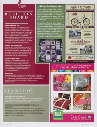 Bulletin Board, Fall 2009. Classifieds, Fall 2009. Alpha Phi Memories Advertisement, Fall 2009. The Collegiate Bicycle Company Advertisement, Fall 2009. Marilyn's Keepsakes Advertisement, Fall 2009