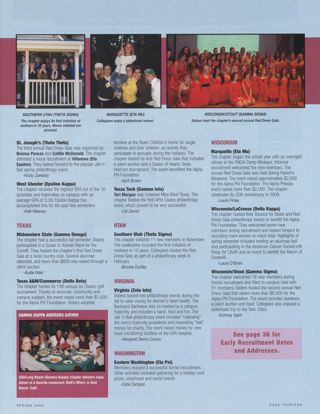 On Campus: St. Joseph's (Theta Theta), Spring 2009. On Campus: West Chester (Epsilon Kappa), Spring 2009. On Campus: Midwestern State (Gamma Omega), Spring 2009. On Campus: Texas A&M/Commerce (Delta Beta), Spring 2009. On Campus: Gamma Kappa Advisers Gather. On Campus: Texas Tech (Gamma Iota), Spring 2009. On Campus: Southern Utah (Theta Sigma), Spring 2009. On Campus: Virginia (Zeta Iota), Spring 2009. On Campus: Eastern Washington (Eta Psi), Spring 2009. On Campus: Marquette (Eta Mu), Spring 2009. On Campus: Wisconsin/LaCrosse (Delta Kappa), Spring 2009. On Campus: Wisconsin/Stout (Gamma Sigma), Spring 2009