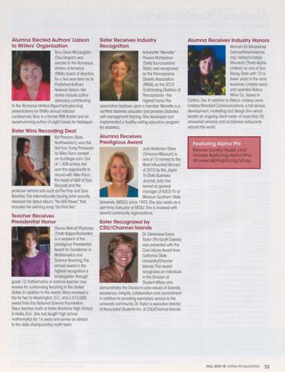 People: Alumna Elected Authors' Liaison to Writers' Organization. People: Sister Wins Recording Deal. People: Teacher Receives Presidential Honor. People: Sister Receives Industry Recognition. People: Alumna Receives Prestigious Award. People: Sister Recognized by CSU/Channel Islands. People: Alumna Receives Industry Honors