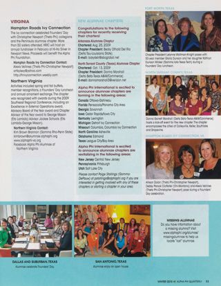 Alumnae Pride: Dallas and Suburban, Texas, Winter 2010, Continued. Alumnae Pride: Fort Worth, Texas, Winter 2010, Continued. Alumnae Pride: San Antonio, Texas, Winter 2010, Continued. Alumnae Pride: Hampton Roads Ivy Connection, Virginia, Winter 2010. Alumnae Pride: Northern Virginia, Winter 2010. Alumnae Pride: New Alumnae Chapters, Winter 2010. Alumnae Pride: North Tarrant County, Texas, Winter 2010