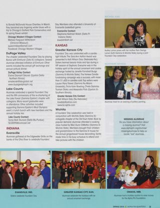Alumnae Pride: Chicago Western Villages, Illinois, Spring 2010, Continued. Alumnae Pride: DuPage Valley, Illinois, Spring 2010. Alumnae Pride: Lake County, Illinois, Spring 2010. Alumnae Pride: Evansville, Indiana, Spring 2010. Alumnae Pride: Greater Kansas City, Kansas, Spring 2010. Alumnae Pride: Wichita, Kansas, Spring 2010. Alumnae Pride: Omaha, Nebraska, Spring 2010, Continued. Alumnae Pride: Northern Nevada, Spring 2010, Continued