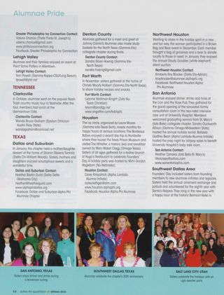 Alumnae Pride: Greater Philadelphia Ivy Connection, Pennsylvania, Spring 2010, Continued. Alumnae Pride: Lehigh Valley, Pennsylvania, Spring 2010. Alumnae Pride: Clarksville, Tennessee, Spring 2010. Alumnae Pride: Dallas and Suburban, Texas, Spring 2010. Alumnae Pride: Denton County, Texas, Spring 2010. Alumnae Pride: Fort Worth, Texas, Spring 2010. Alumnae Pride: Houston, Texas, Spring 2010. Alumnae Pride: Northwest Houston, Texas, Spring 2010. Alumnae Pride: San Antonio, Texas, Spring 2010. Alumnae Pride: Southwest Dallas Area, Texas, Spring 2010. Alumnae Pride: Salt Lake City, Utah, Spring 2010