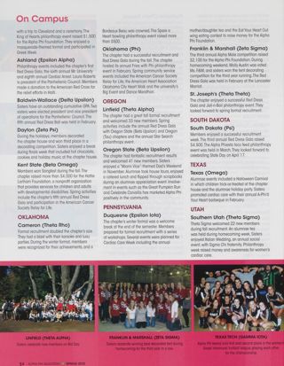 On Campus: Akron (Eta Gamma), Spring 2010, Continued. On Campus: Ashland (Epsilon Alpha), Spring 2010. On Campus: Baldwin-Wallace (Delta Upsilon), Spring 2010. On Campus: Dayton (Zeta Psi), Spring 2010. On Campus: Kent State (Beta Omega), Spring 2010. On Campus: Cameron (Theta Rho), Spring 2010. On Campus: Oklahoma (Phi), Spring 2010. On Campus: Linfield (Theta Alpha), Spring 2010. On Campus: Oregon State (Beta Upsilon), Spring 2010. On Campus: Duquesne (Epsilon Iota), Spring 2010. On Campus: Franklin & Marshall (Zeta Sigma), Spring 2010. On Campus: St. Joseph's (Theta Theta), Spring 2010. On Campus: South Dakota (Psi), Spring 2010. On Campus: Texas (Omega), Spring 2010. On Campus: Texas Tech (Gamma Iota), Spring 2010. On Campus: Southern Utah (Theta Sigma), Spring 2010