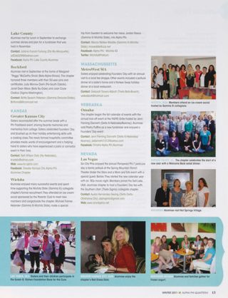 Alumnae Pride: Arkansas, Winter 2011, Continued. Alumnae Pride: DuPage Valley, Illinois, Winter 2011, Continued. Alumnae Pride: Lake County, Illinois, Winter 2011. Alumnae Pride: Rockford, Illinois, Winter 2011. Alumnae Pride: Greater Kansas City, Kansas, Winter 2011. Alumnae Pride: Wichita, Kansas, Winter 2011. Alumnae Pride: MetroWest, Massachusetts, Winter 2011. Alumnae Pride: Omaha, Nebraska, Winter 2011. Alumnae Pride: Las Vegas, Nevada, Winter 2011. Alumnae Pride: Northern Nevada, Winter 2011, Continued
