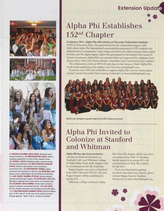 On Campus: Pictorial Collage, Winter 2011, Continued. Extension Update: Alpha Phi Establishes 152nd Chapter. Extension Update: Alpha Phi Invited to Colonize at Stanford and Whitman