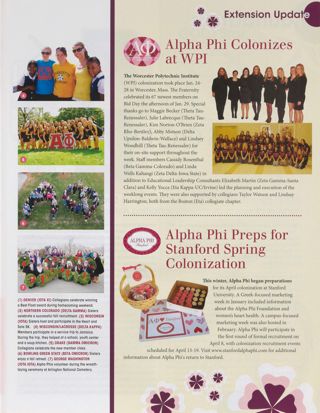 On Campus: Pictorial Collage, Spring 2011, Continued. Extension Update: Alpha Phi Colonizes at WPI. Extension Update: Alpha Phi Preps for Stanford Spring Colonization