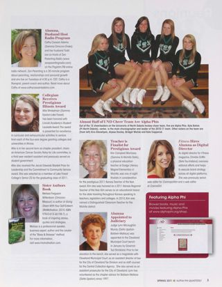 People: Alumna, Husband Host Radio Program. People: Collegian Receives Prestigious Illinois Award. People: Sisters Authors Book. People: Almost Half of UND Cheer Team Are Alpha Phis. People: Teacher Is Finalist for Prestigious Award. People: Alumna Appointed to Judiciary. People: Fitness Hires Alumna as Digital Director